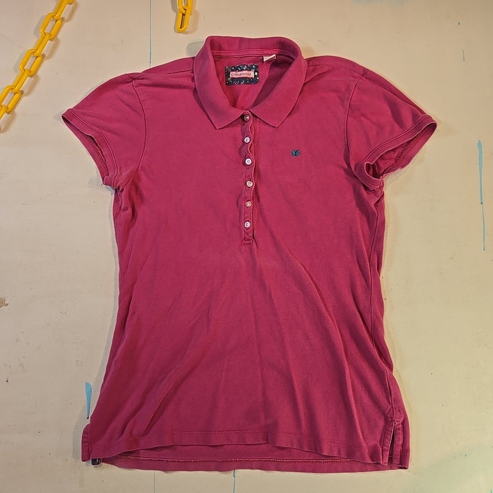 VTG Aeropostale Womens L Short Sleeve Pima Polo Raspberry Butterfly‎ Y2K 16x23